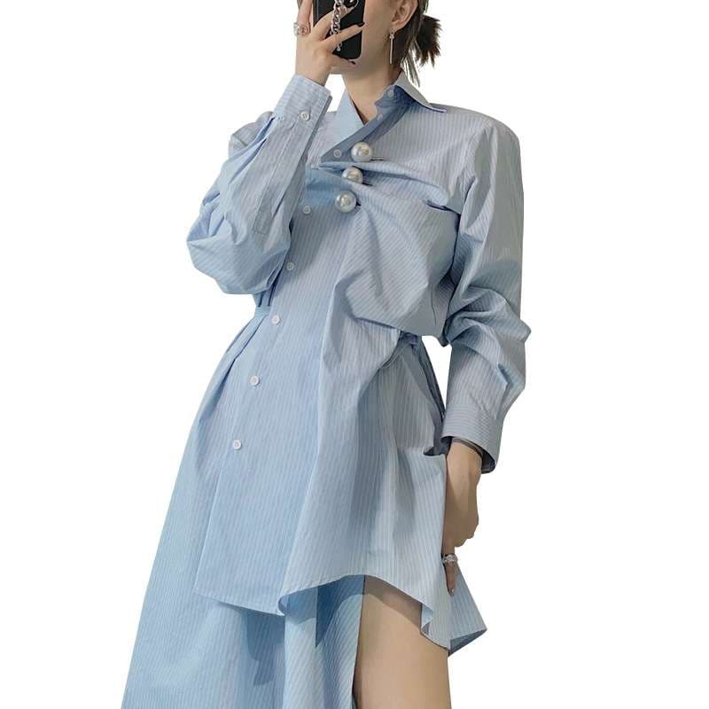 モード系ファッション アシンメトリーデザイン ストライプシャツドレス