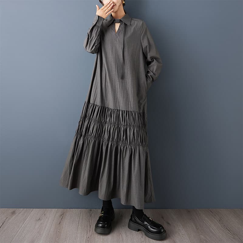 モード系 【M〜3XL対応】襟デザイン×ティアード切替 ロングシャツワンピース