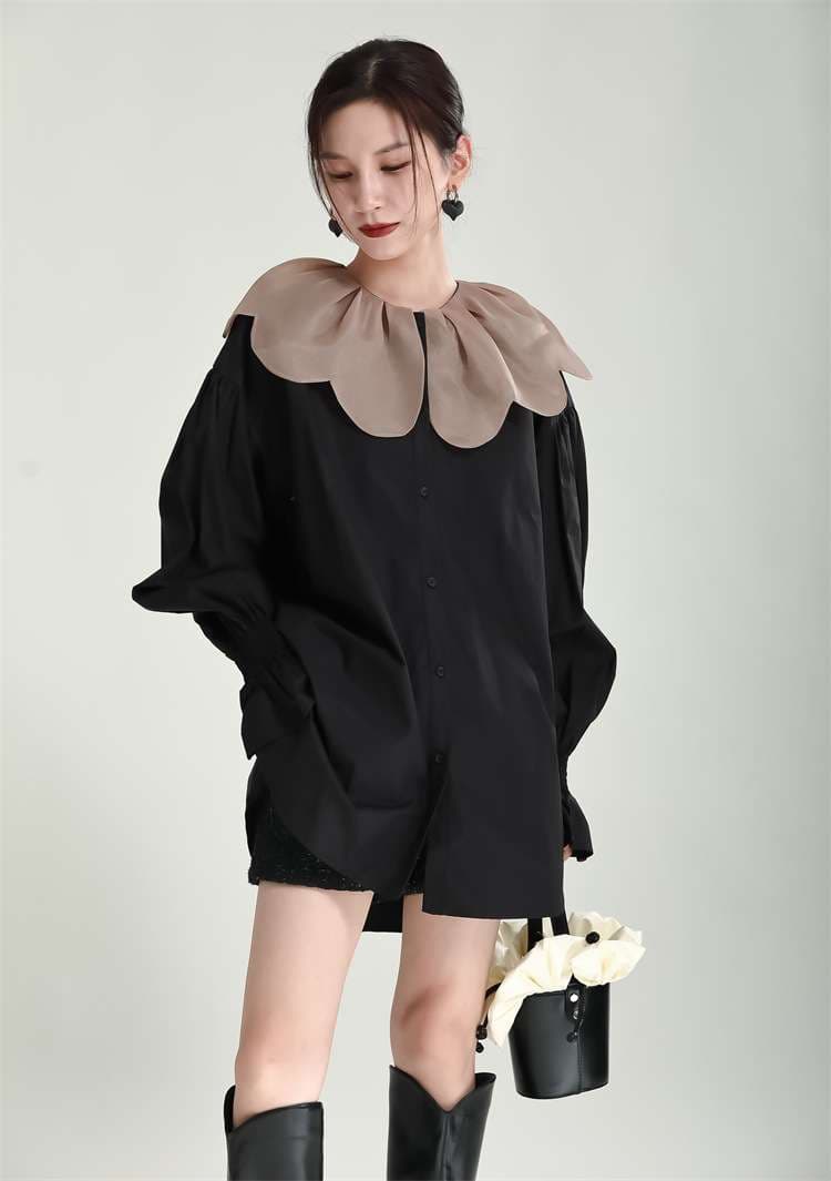 モード系ファッション 【1枚で旬顔】ビッグカラー×バルーンスリーブミニシャツワンピース（ブラック）