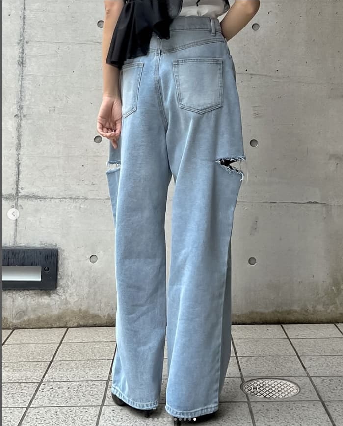 モード系ファッション ルーズフィット プチプラダメージデニムパンツ