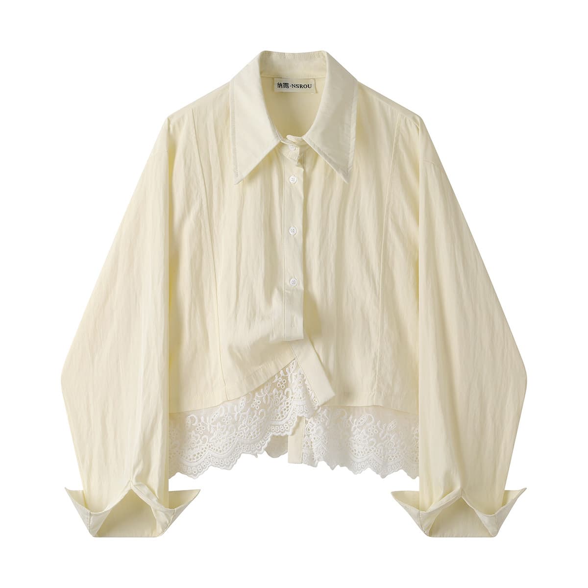 モード系 【M〜XL相当】レース切替 ショート丈シャツ｜レディース シアー レース ブラウス