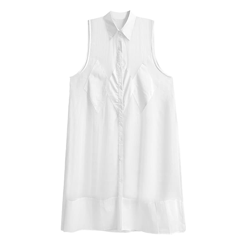 モード系 モード感溢れるシアーロングシャツ｜ノースリーブ・透け感・アシンメトリーデザイン・ホワイト／ブラック