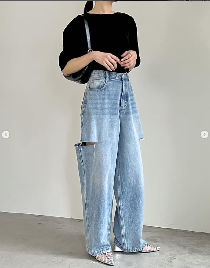 モード系ファッション ルーズフィット プチプラダメージデニムパンツ