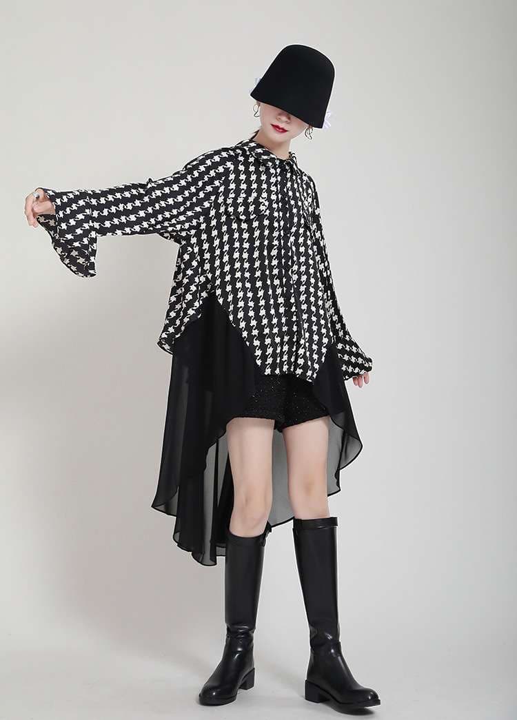 モード系ファッション モノトーン千鳥格子フリルケープシャツ