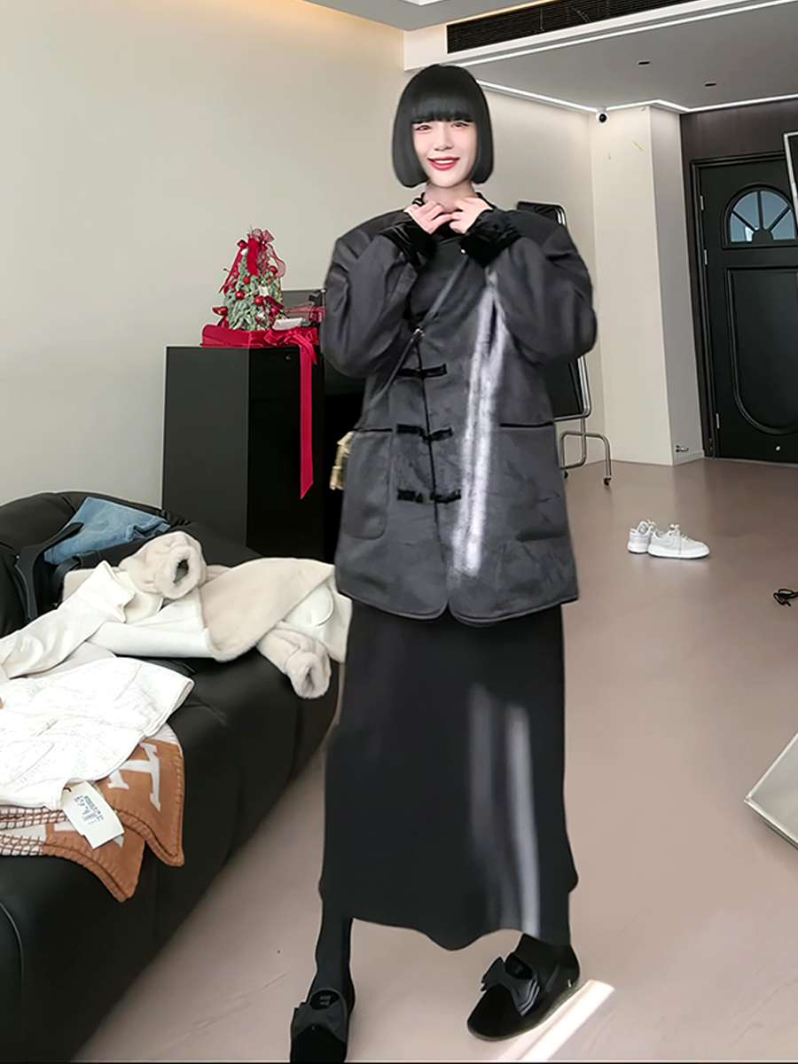 モード系ファッション チャイナ風デザイン光沢ロングコート