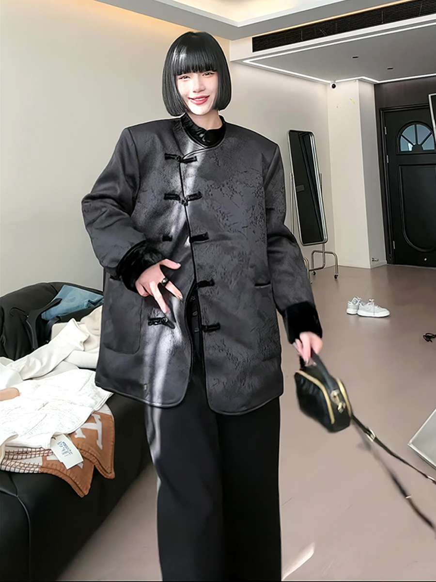 モード系ファッション チャイナ風デザイン光沢ロングコート