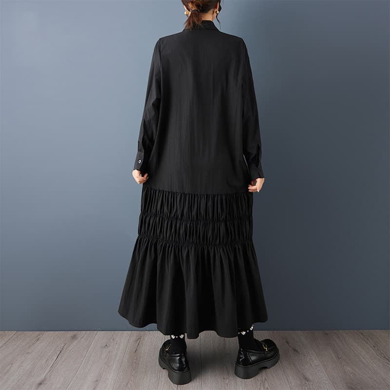 モード系 【M〜3XL対応】襟デザイン×ティアード切替 ロングシャツワンピース