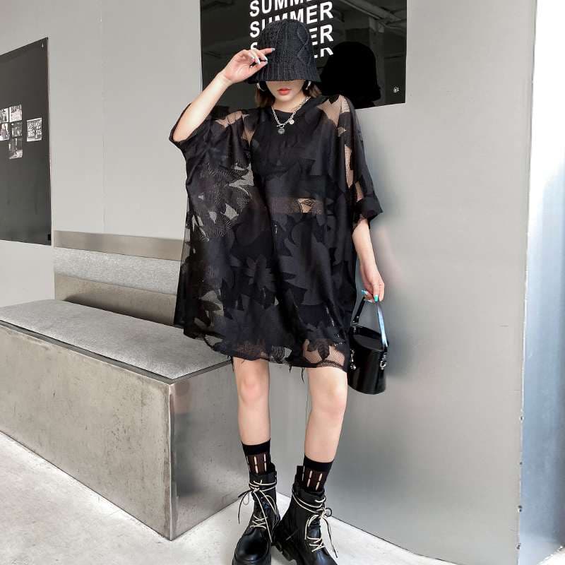モード系ファッション 花柄シースルー オーバーサイズ ワンピース