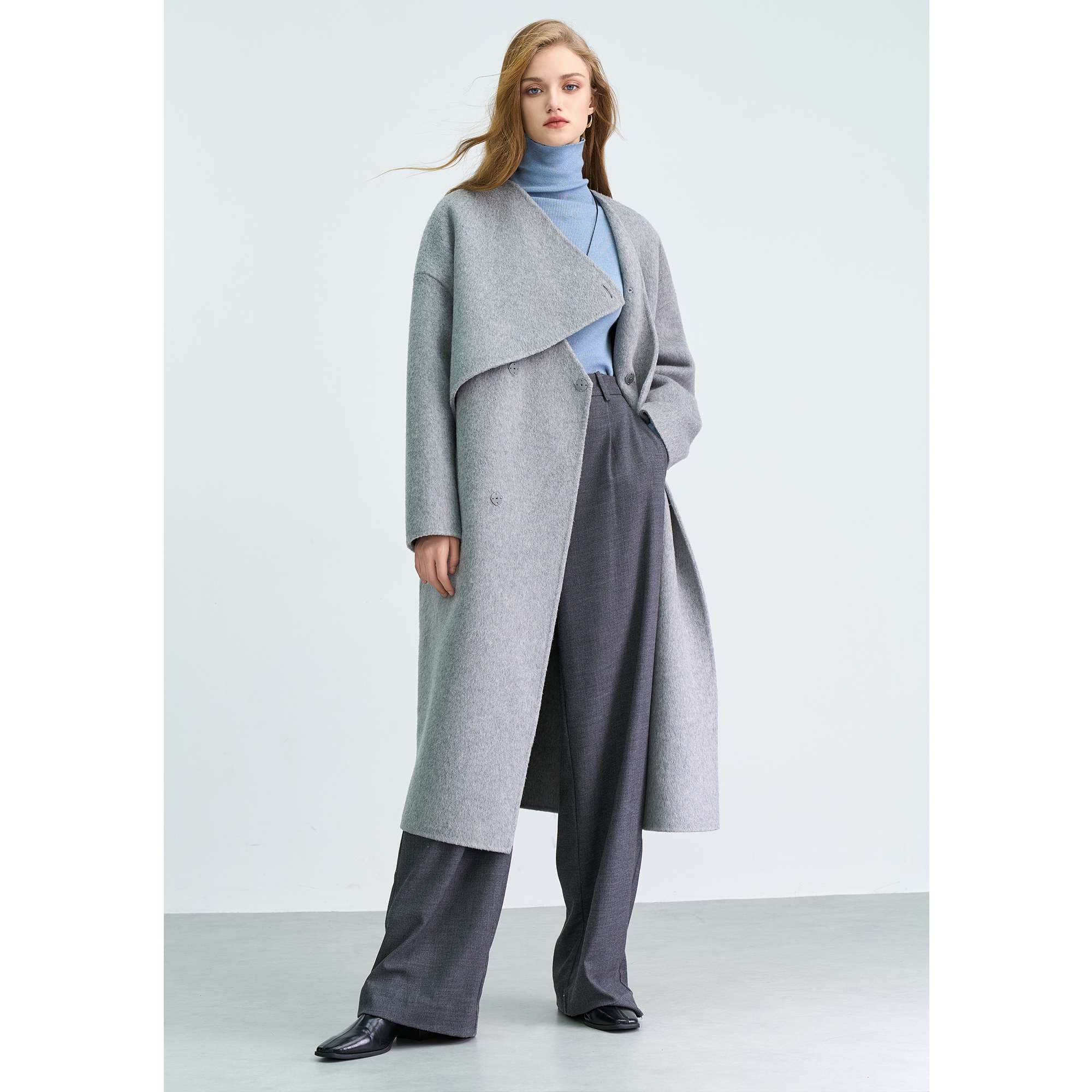 モード系ファッション オーバーサイズ ウール混ラップコート