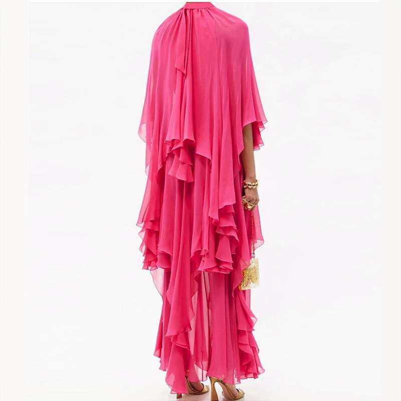 モード系ファッション フューシャピンク・カスケーディングラッフルドレス