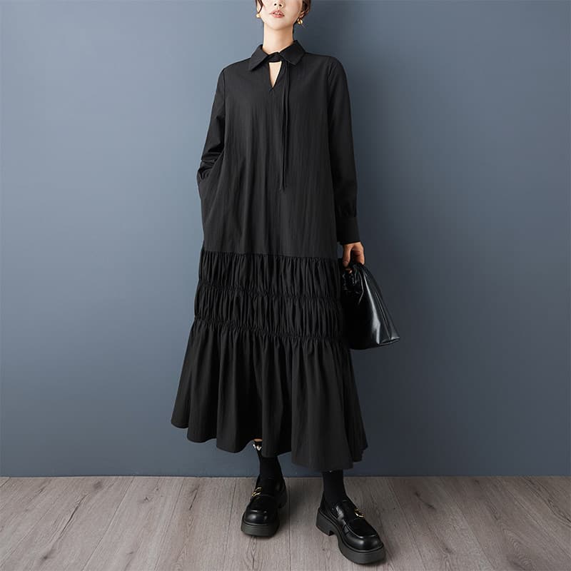 モード系 【M〜3XL対応】襟デザイン×ティアード切替 ロングシャツワンピース