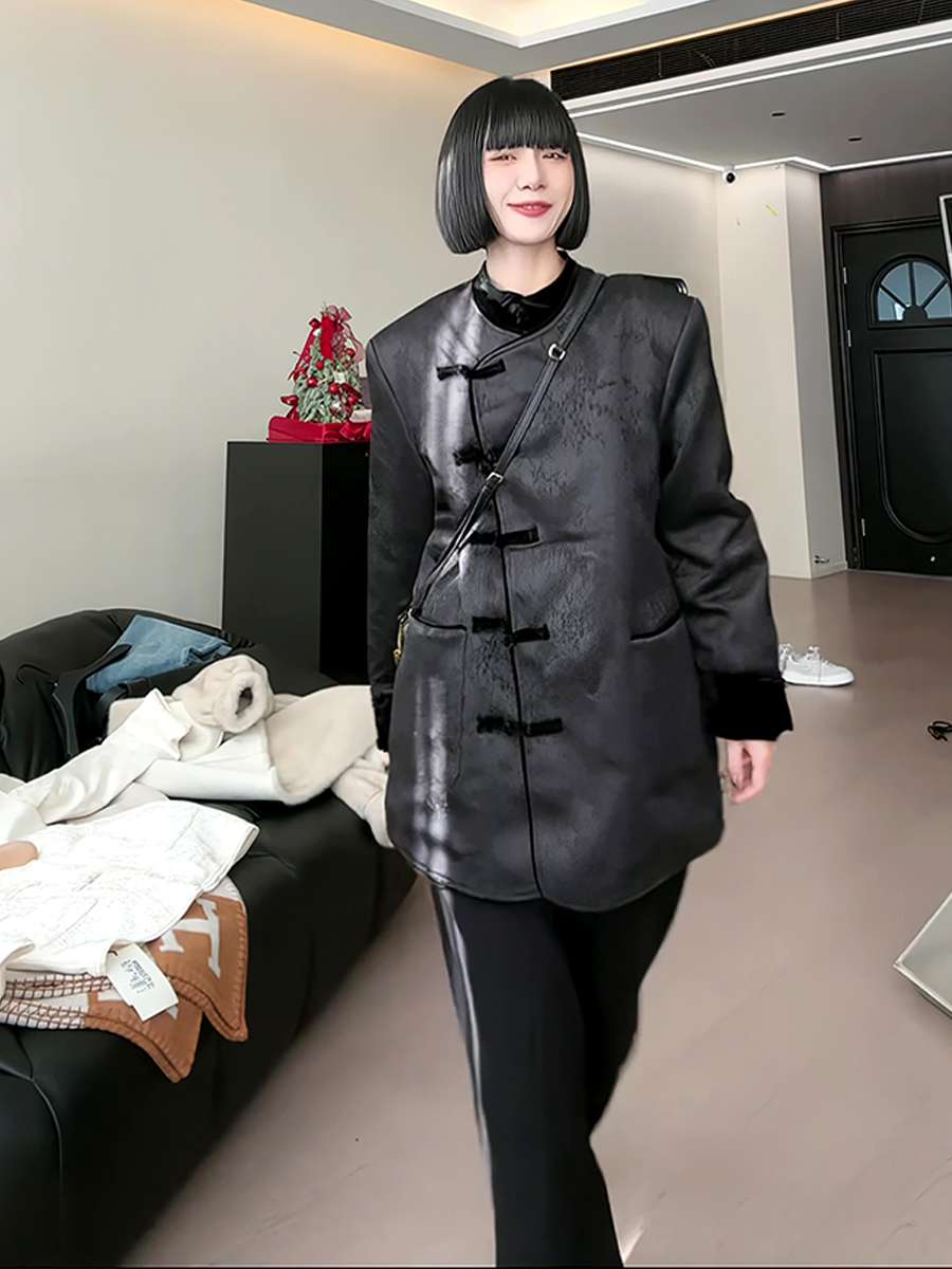 モード系ファッション チャイナ風デザイン光沢ロングコート