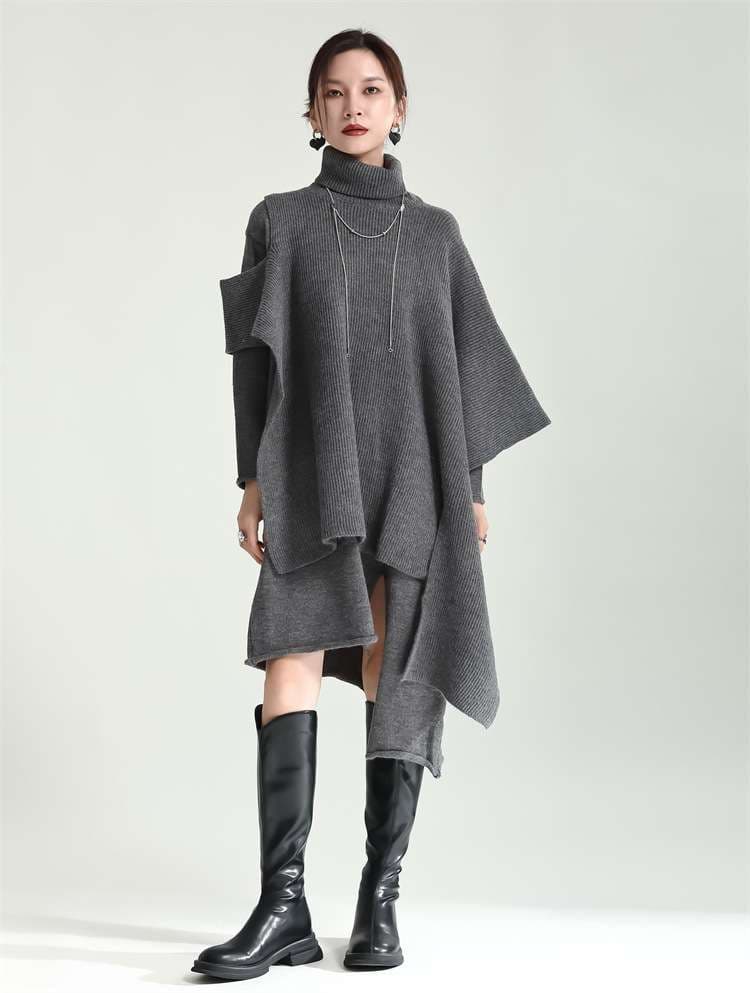 モード系ファッション 【体型カバー×モード映え】アシンメトリーニットワンピース〈グレー〉フリル袖×ハイネック／秋冬ロング丈