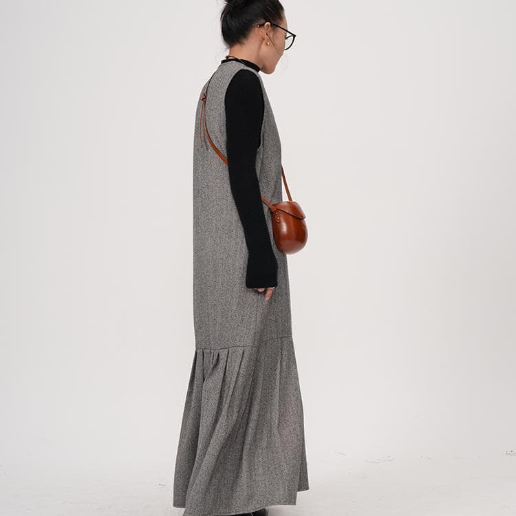 モード系 【S〜XL】深V×起毛ツイード見え フィッシュテールワンピース