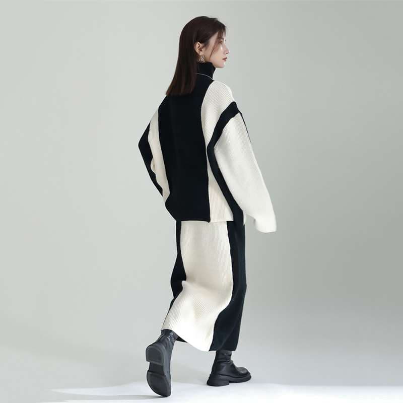 モード系ファッション 【ワンサイズ対応】バイカラー配色リブニットスカート（ブラック／ブルー）