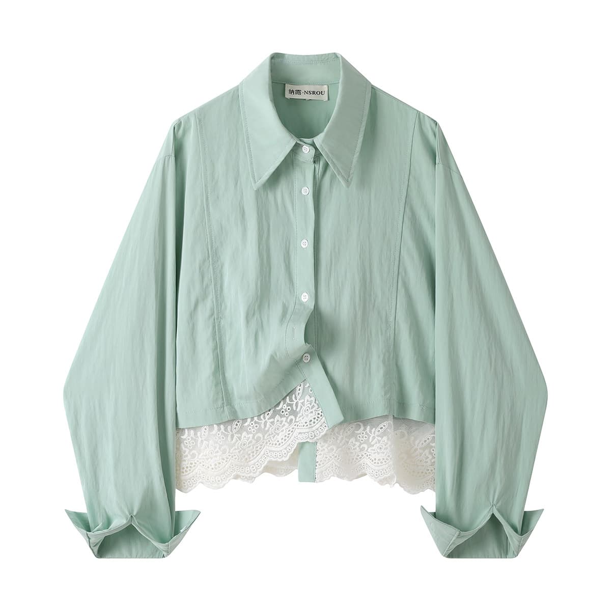 モード系 【M〜XL相当】レース切替 ショート丈シャツ｜レディース シアー レース ブラウス