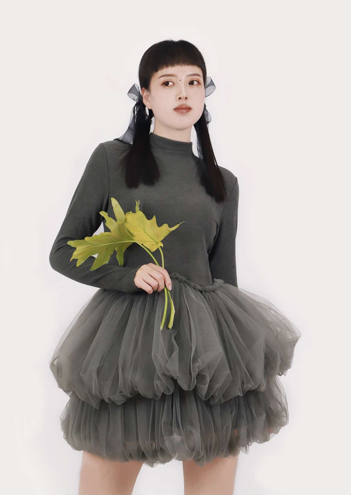 モード系ファッション エコシックなチュール2段バルーンワンピース