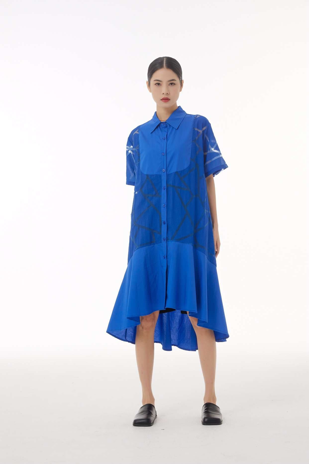 モード系ファッション 【M〜2XL対応】幾何学柄シースルー×シャツデザインワンピース（3色展開）