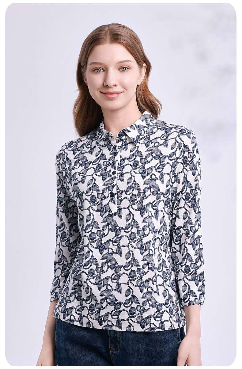 モード系ファッション 優雅な葉柄プリントシャツブラウス