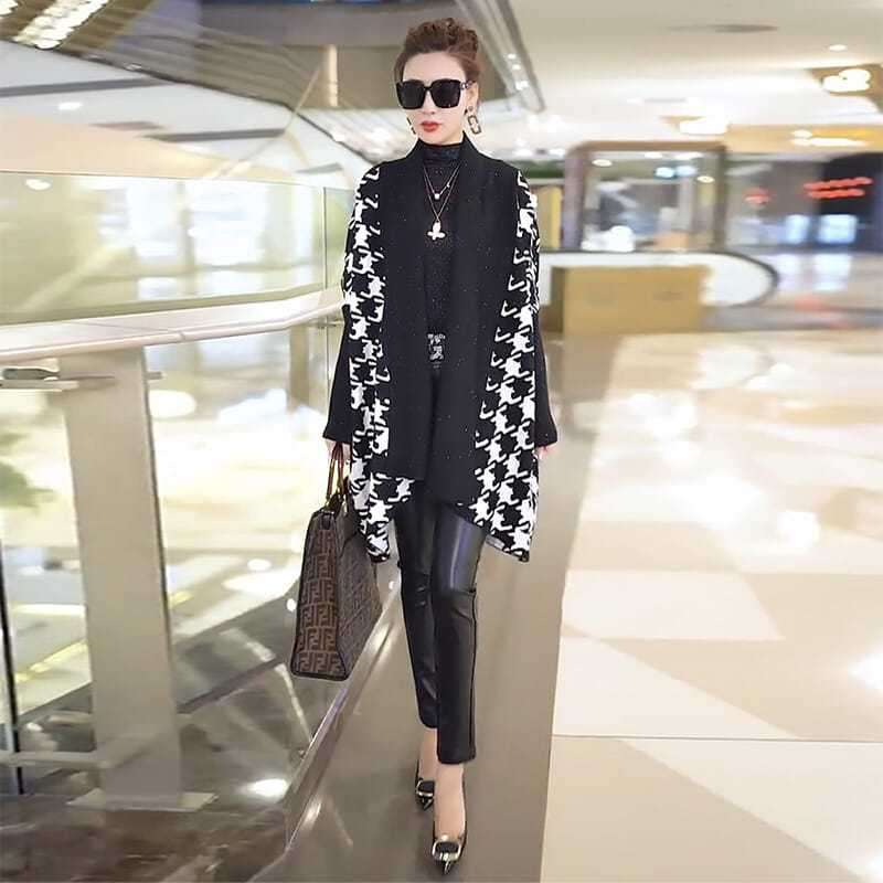 モード系ファッション 《2025秋冬新作》体型カバー×高級素材◆ウール混千鳥柄ジャケット／ロング丈アウター／レディースゆったり大きめサイズ対応／M-2XL展開