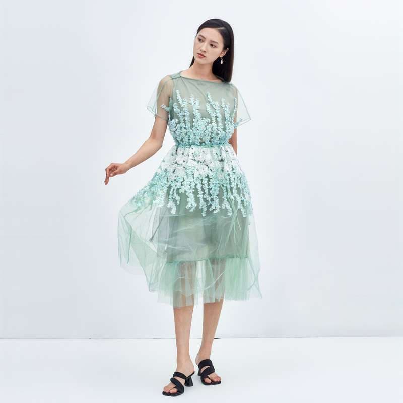 モード系ファッション エアリーフローラルチュールドレス