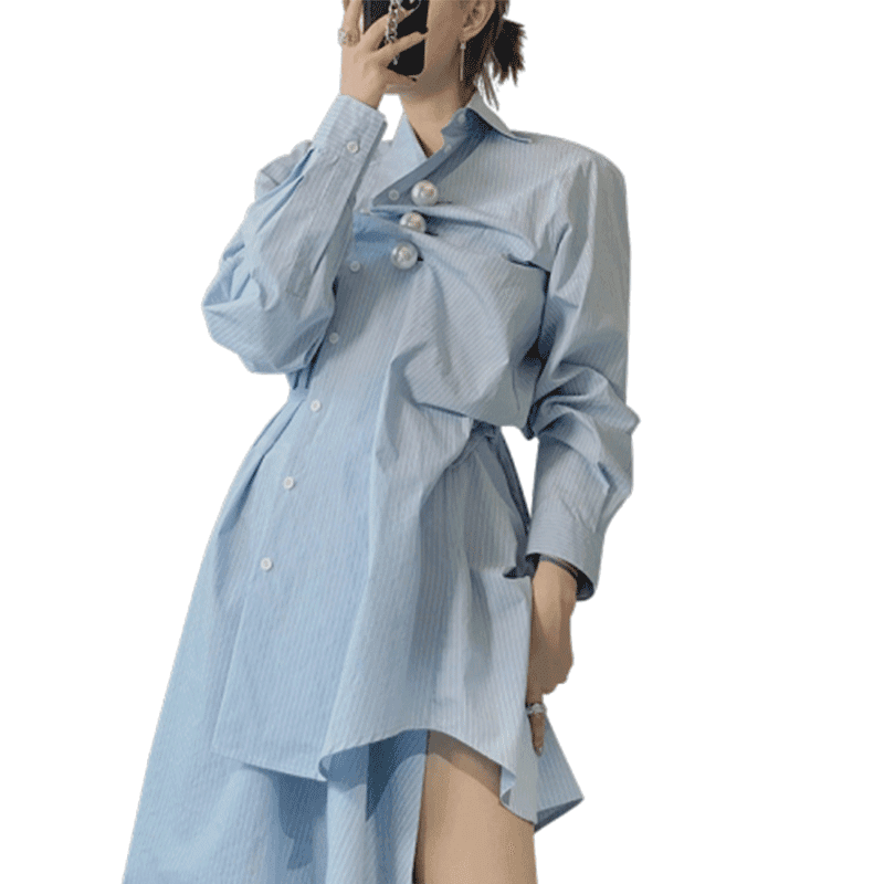 モード系ファッション アシンメトリーデザイン ストライプシャツドレス