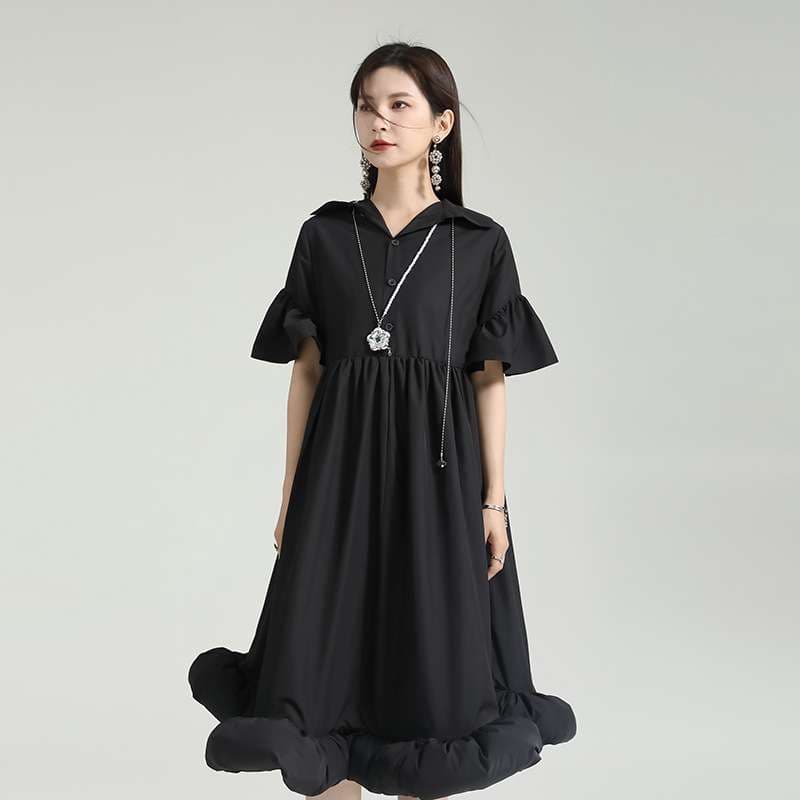 モード系ファッション立体カットデザイン ワンカラー フレアワンピー
