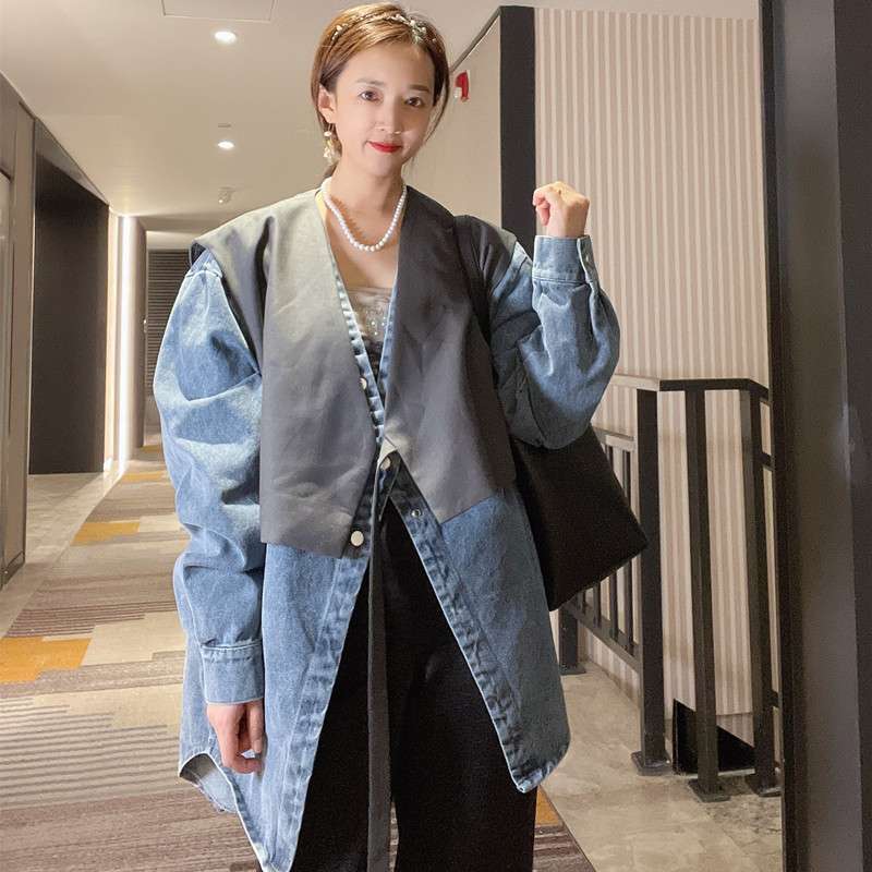 モード系ファッション デニム切替オーバーサイズコート