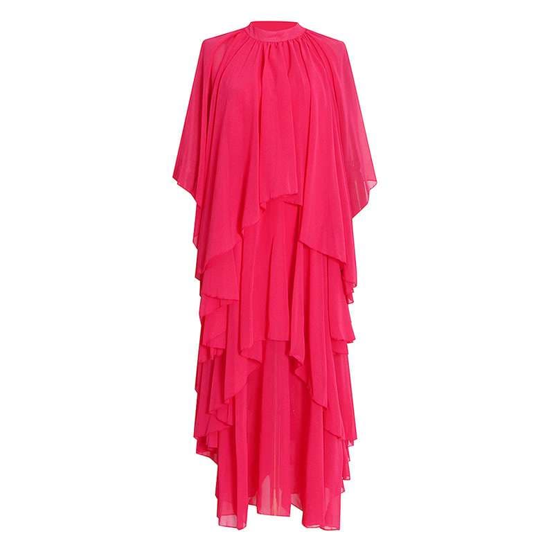 モード系ファッション フューシャピンク・カスケーディングラッフルドレス