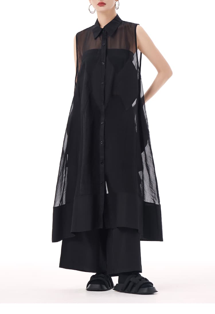 モード系 モード感溢れるシアーロングシャツ｜ノースリーブ・透け感・アシンメトリーデザイン・ホワイト／ブラック