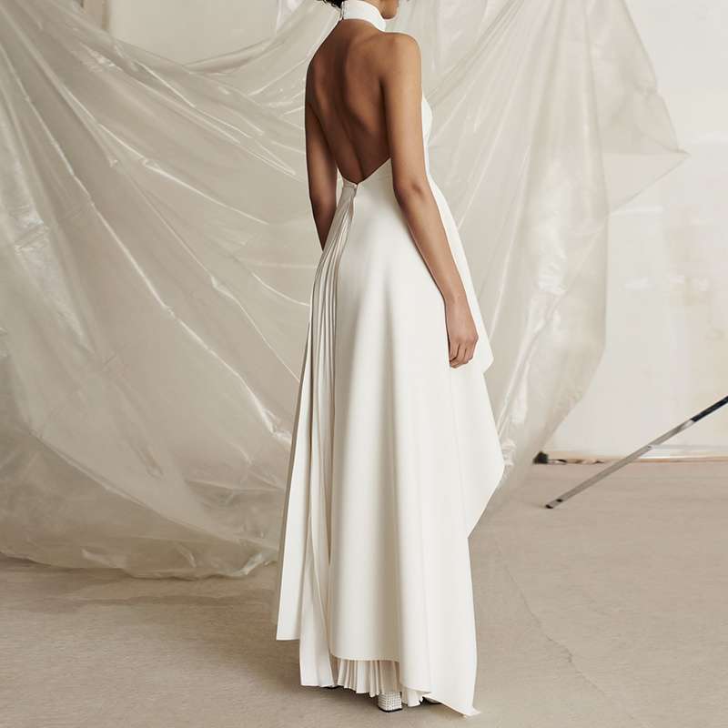 モード系ファッション モノトーンコントラストプリーツドレス