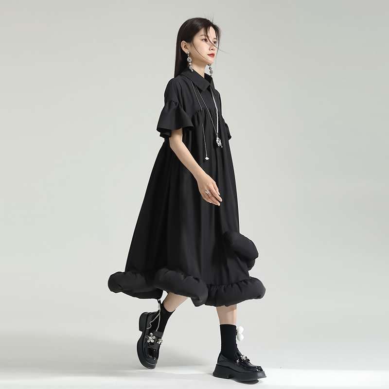 モード系ファッション立体カットデザイン ワンカラー フレアワンピー