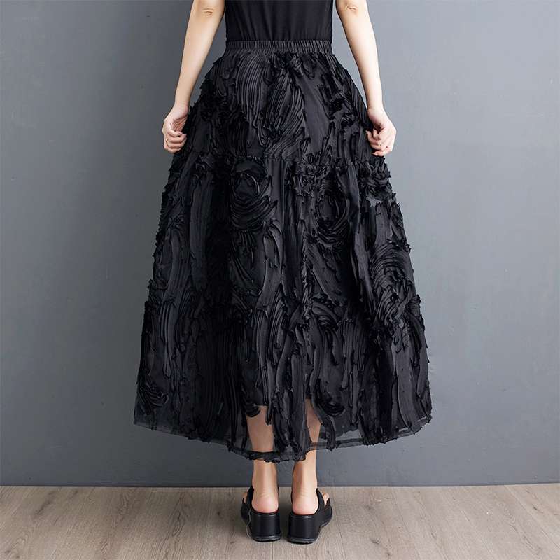 モード系ファッション フローラルテクスチャーチュールロングスカート