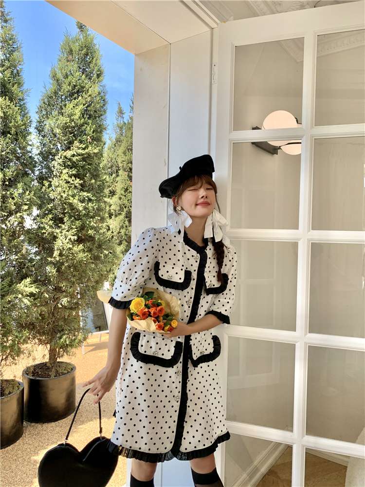 モード系ファッション レトロポルカドット柄ツーピースセット