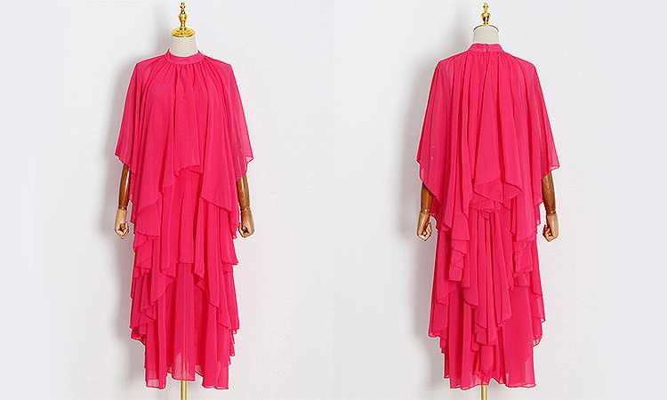 モード系ファッション フューシャピンク・カスケーディングラッフルドレス