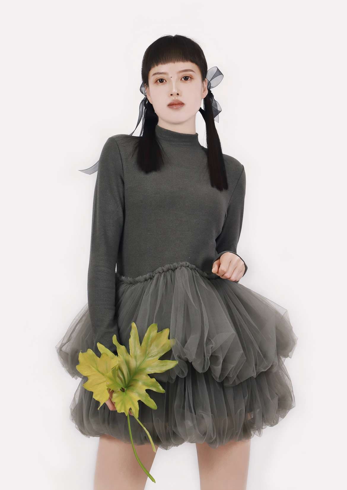 モード系ファッション エコシックなチュール2段バルーンワンピース