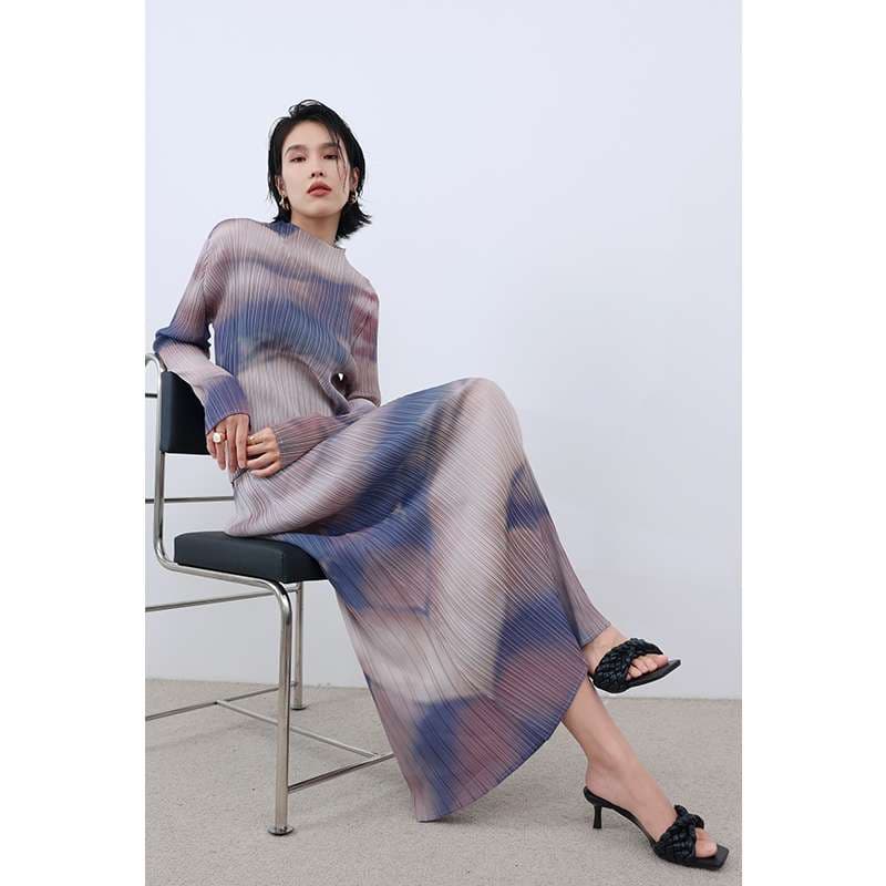 モード系ファッション グラデーションプリーツロングドレス