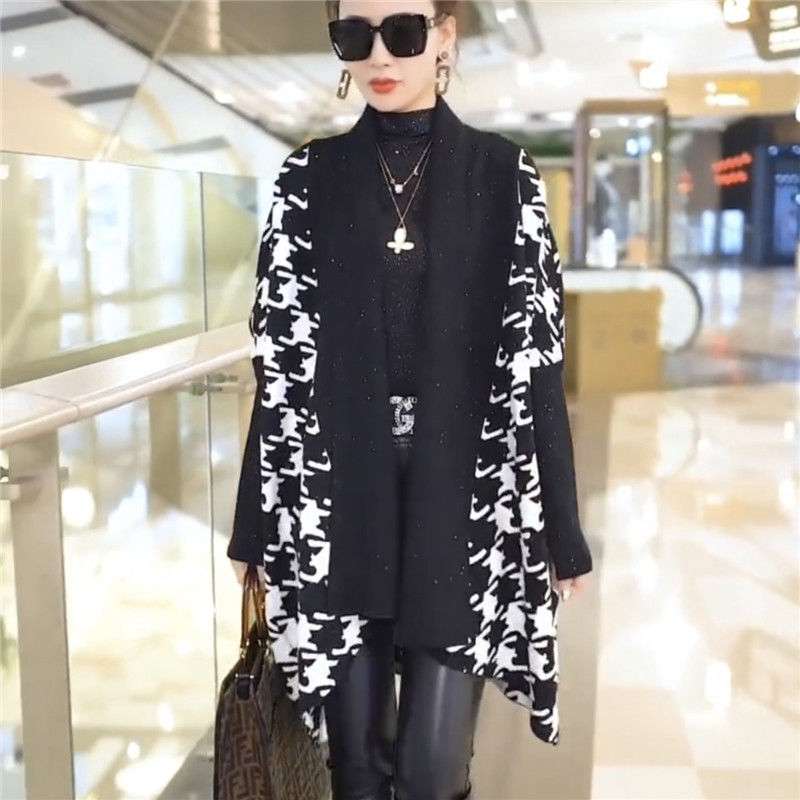 モード系ファッション 《2025秋冬新作》体型カバー×高級素材◆ウール混千鳥柄ジャケット／ロング丈アウター／レディースゆったり大きめサイズ対応／M-2XL展開