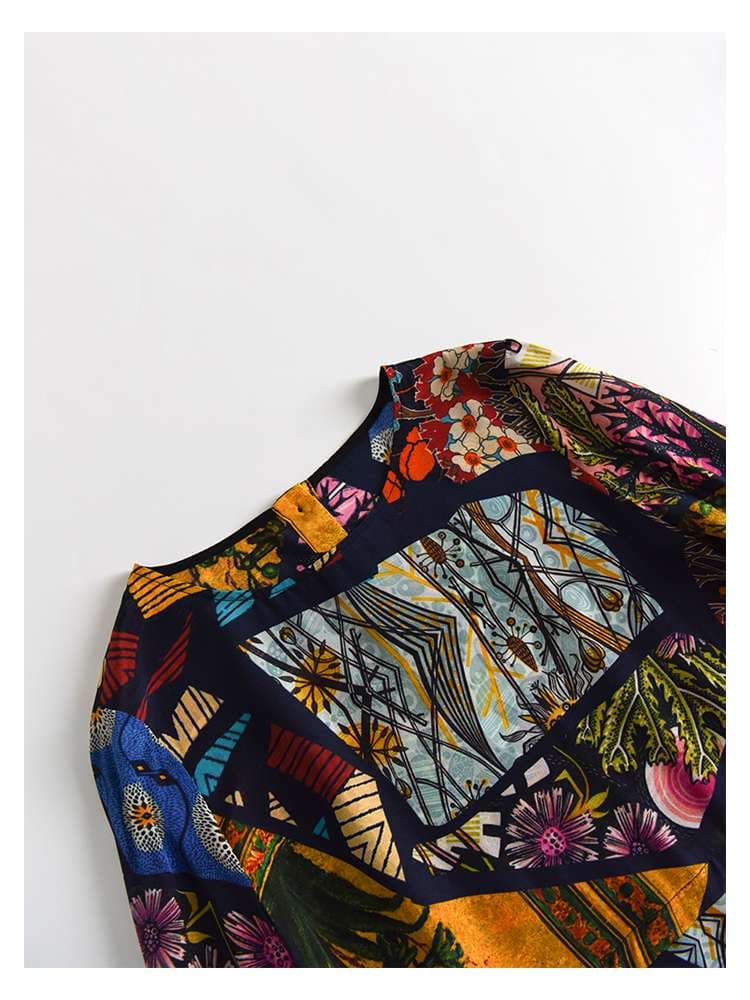 モード系ファッション 芸術的な幾何学模様と花柄のワンピース