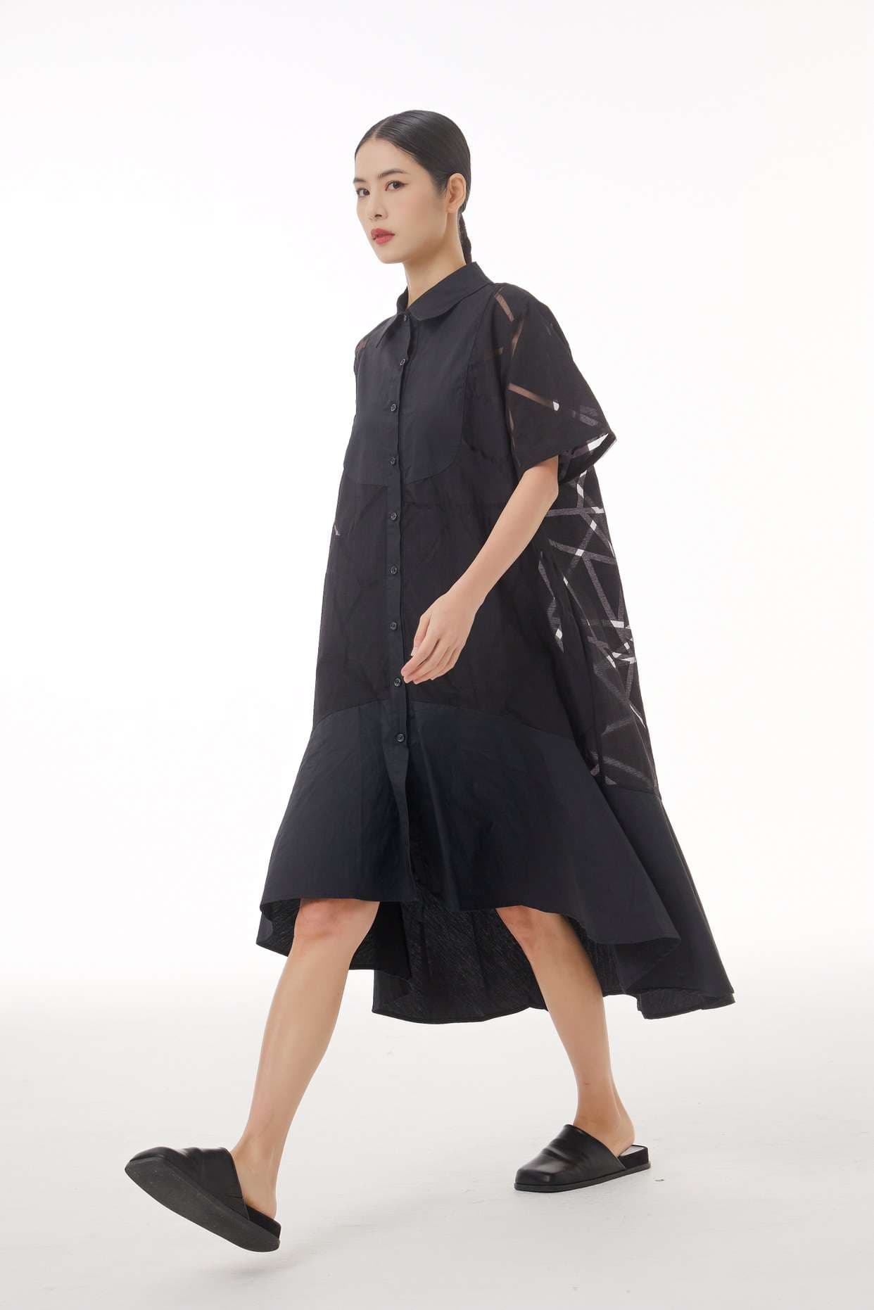 モード系ファッション 【M〜2XL対応】幾何学柄シースルー×シャツデザインワンピース（3色展開）