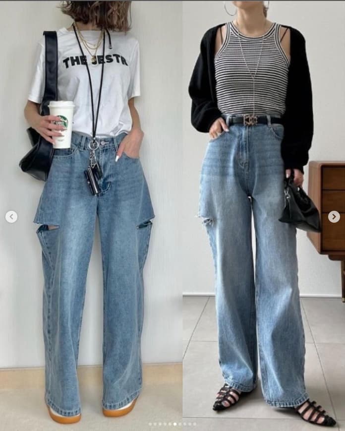 モード系ファッション ルーズフィット プチプラダメージデニムパンツ