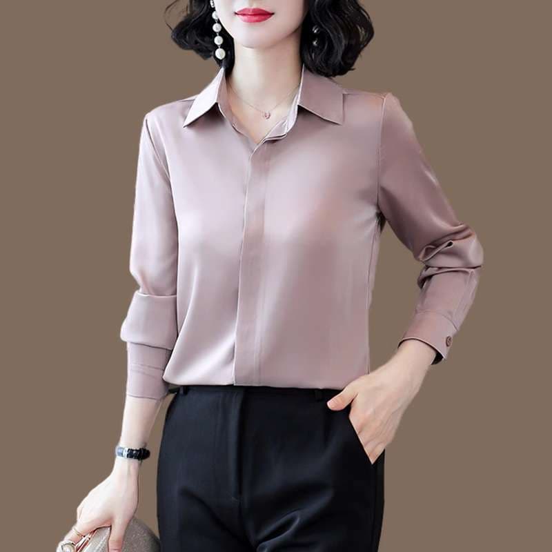 モード系ファッション 上品エレガントなシルク調長袖シャツ