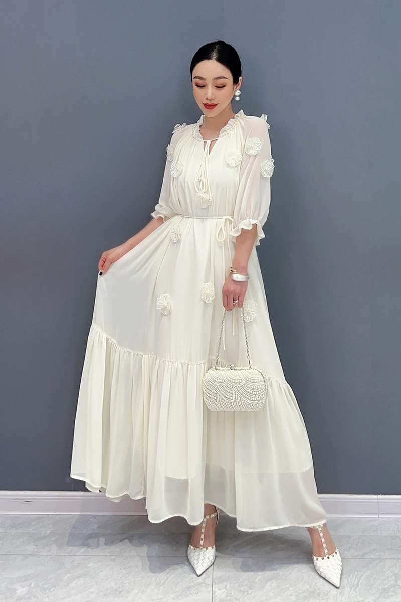 モード系ファッション エレガントフラワーモチーフマキシワンピース