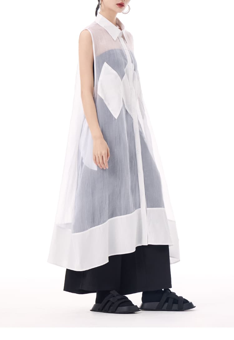 モード系 モード感溢れるシアーロングシャツ｜ノースリーブ・透け感・アシンメトリーデザイン・ホワイト／ブラック