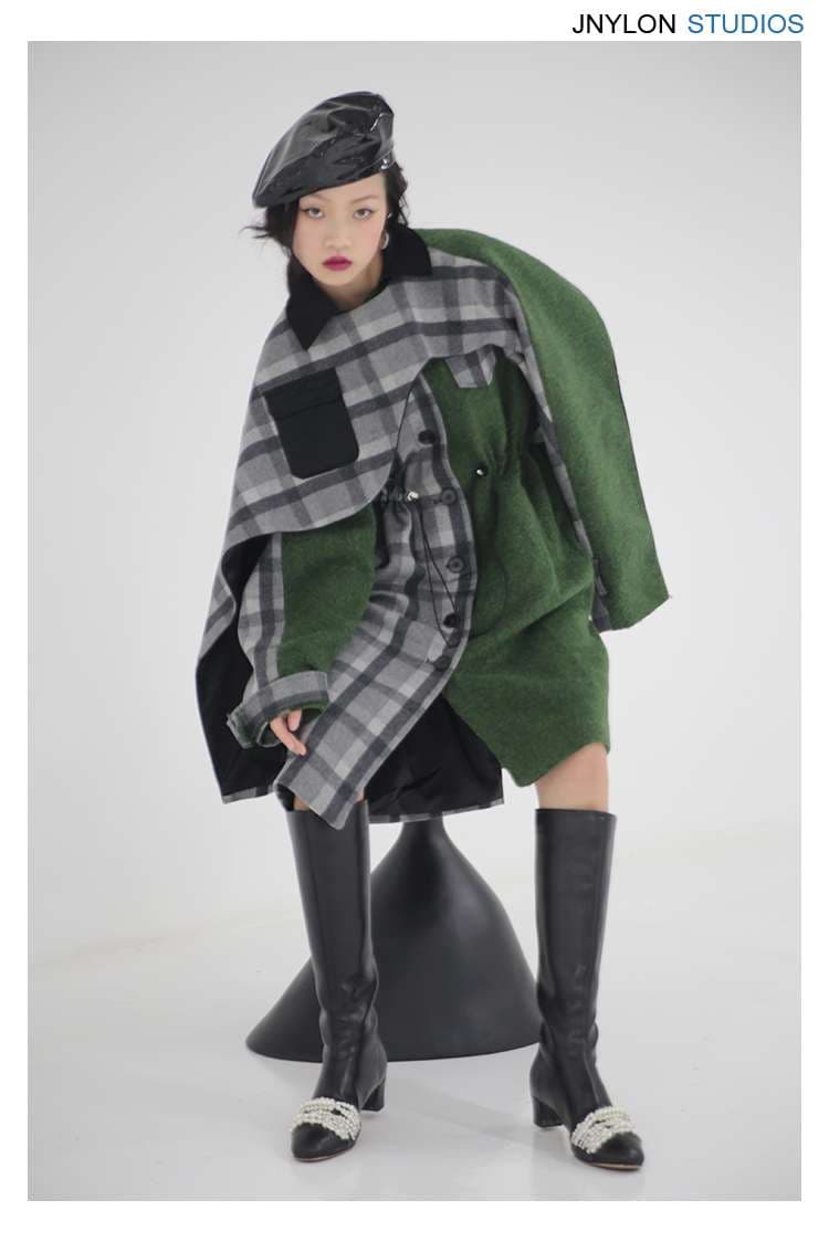 モード系ファッション エレガントチェック柄グリーンケープコート