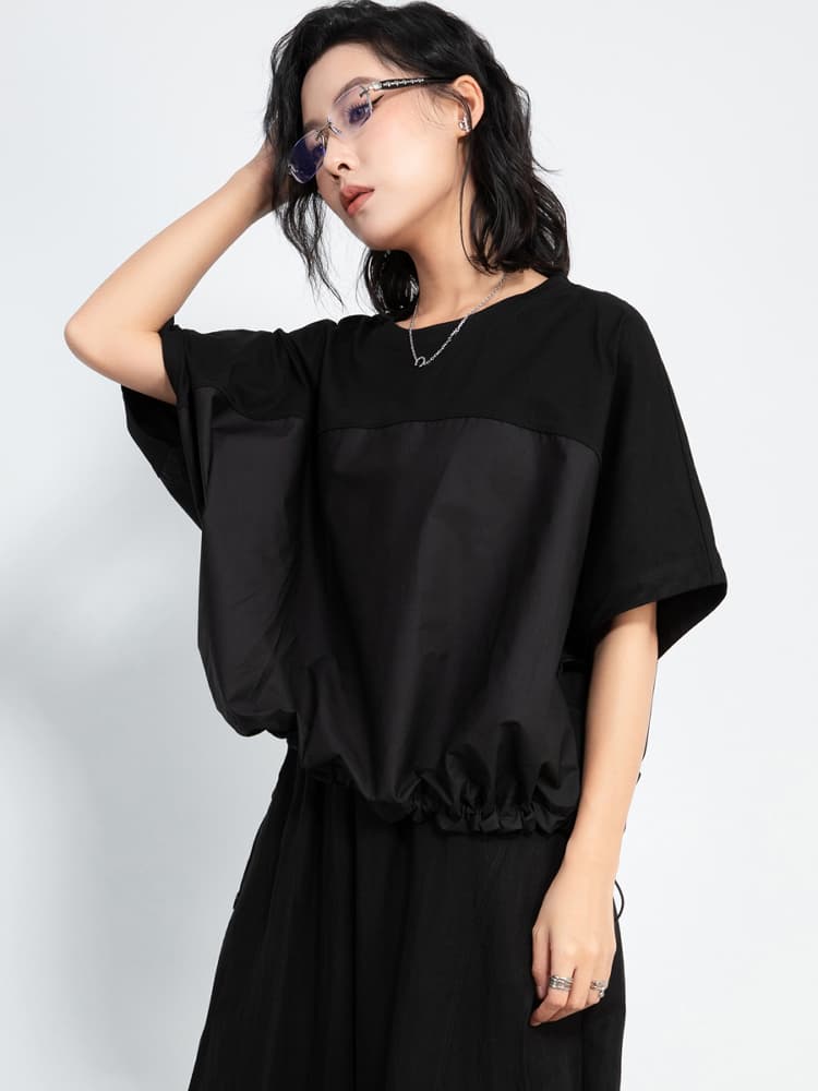 モード系 【立体感のあるモードスタイルを叶える、ドロスト裾×切り替えTシャツ】