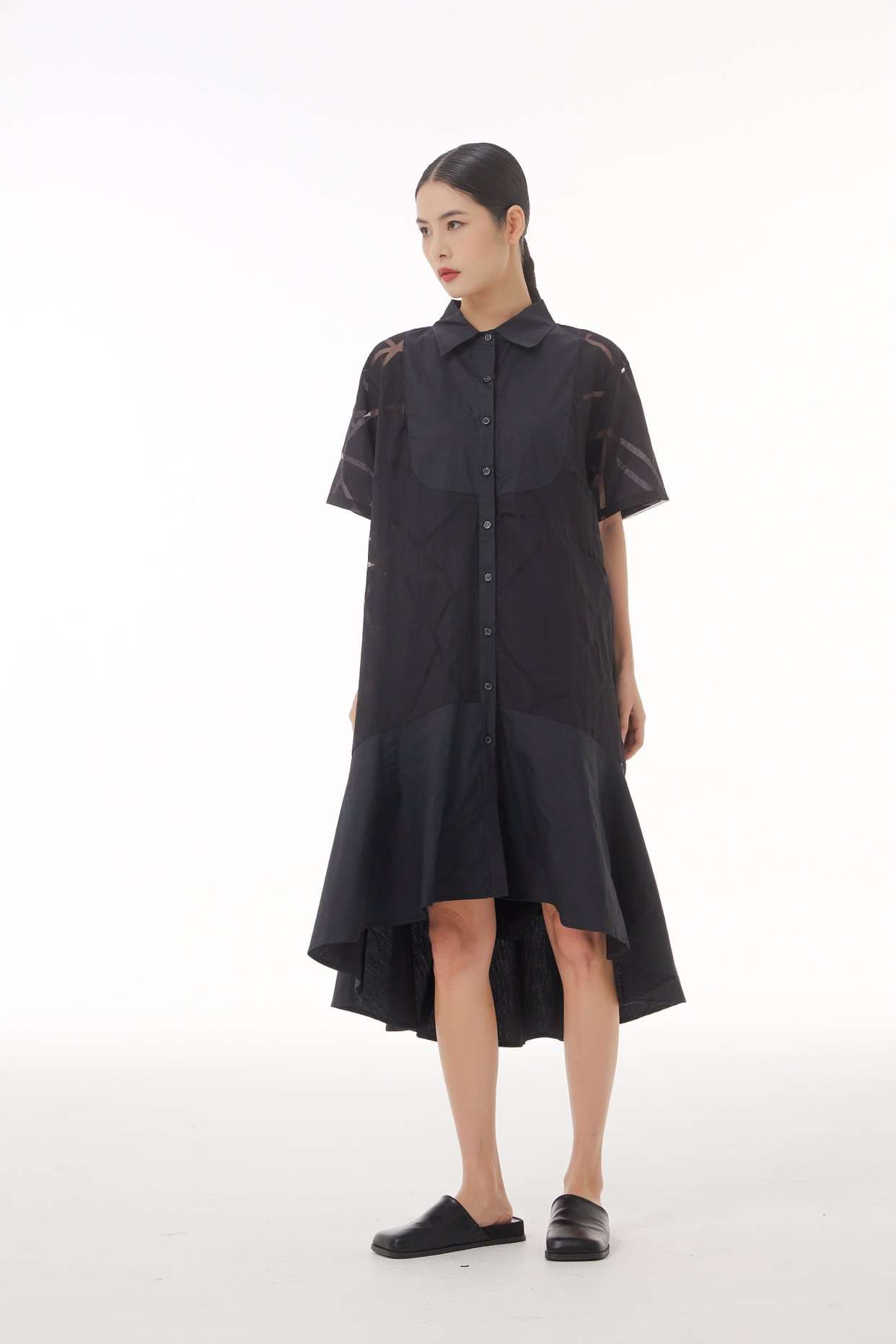 モード系ファッション 【M〜2XL対応】幾何学柄シースルー×シャツデザインワンピース（3色展開）