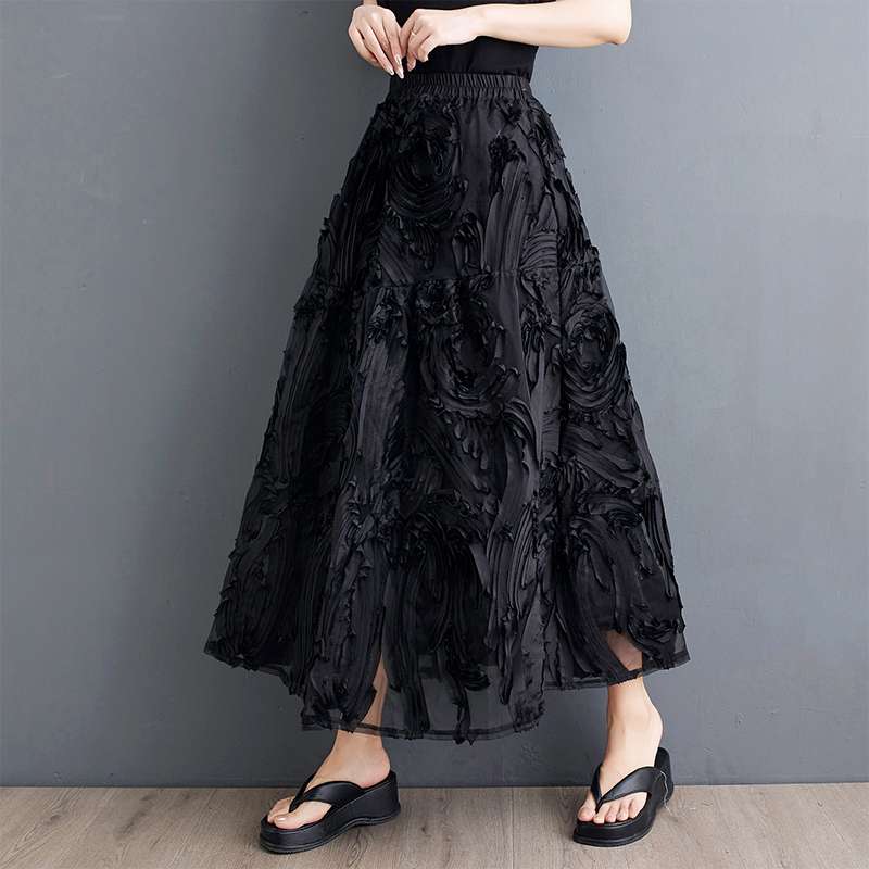 モード系ファッション フローラルテクスチャーチュールロングスカート