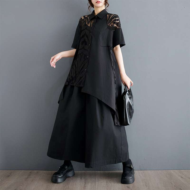 モード系ファッション 「シアー切り替えアシンメトリーシャツ｜モード感漂う上質デザイン【体型カバーも◎】」