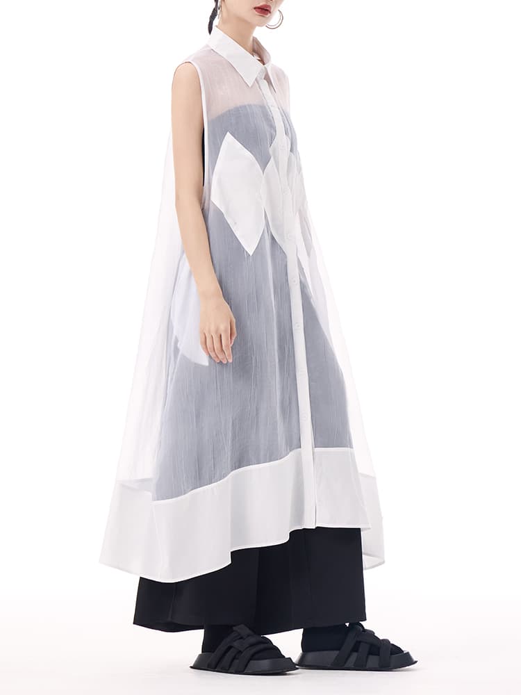 モード系 モード感溢れるシアーロングシャツ｜ノースリーブ・透け感・アシンメトリーデザイン・ホワイト／ブラック